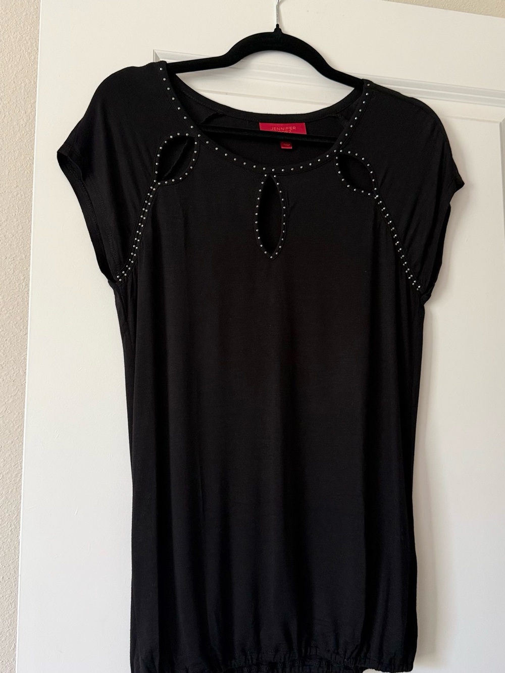 Jennifer Lopez Black Short Sleeve Keyhole Top with Stud Accents